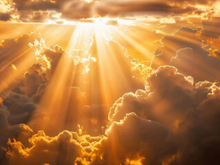 Beautiful sky background. God light in heaven symbolizing divine presence, truth, spiritual illumination, God love and grace. Light beams blessing world with heavenly light