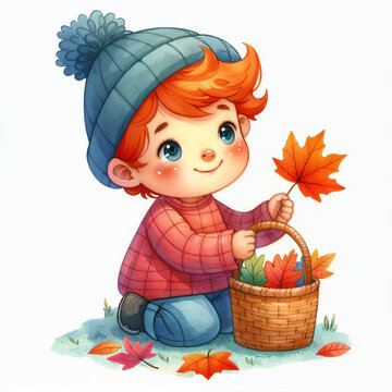 Cute cartoon child with autumn leaves on white background. AI