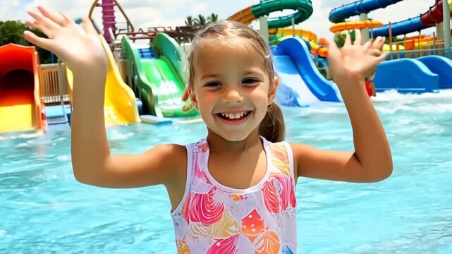 Happy smiling girl kid waving on aquapark waterpark attractions background water slide chute flume