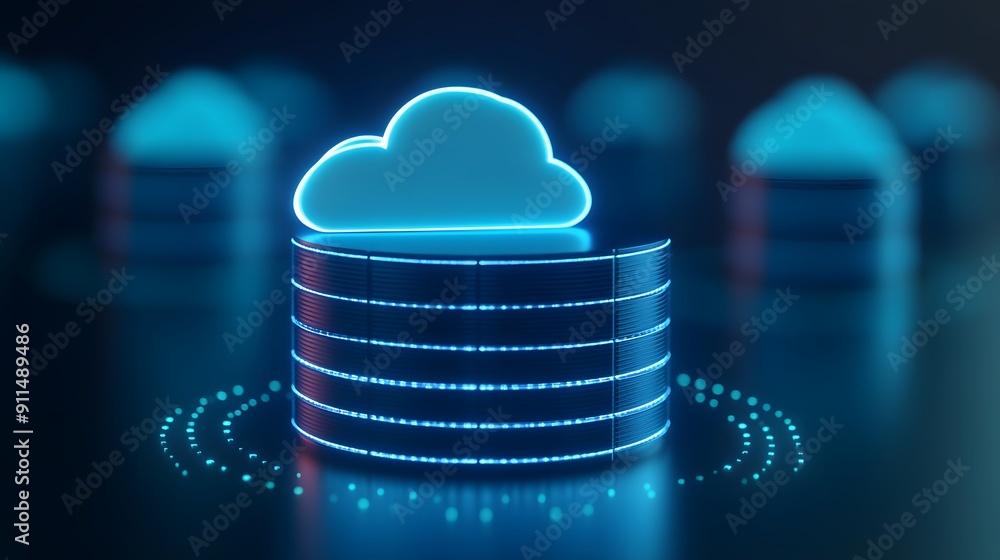 Poster digital cloud computing concept with glowing data storage server, representing cloud technology and 
