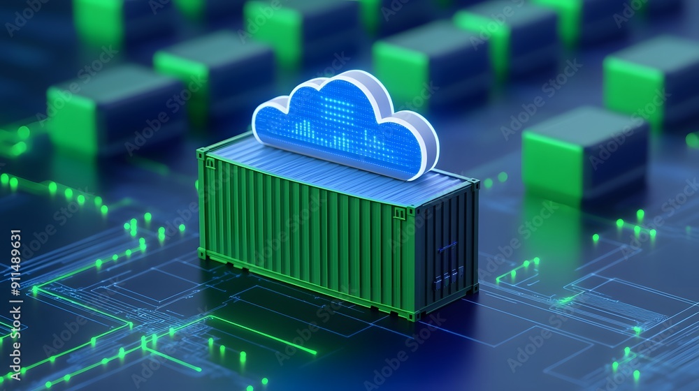 Poster digital cloud computing container for enterprise technology solutions, featuring a futuristic design
