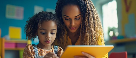 Modern Classroom Learning Teacher Assisting Young Student with Math Problem on Digital Tablet, Vibrant Colors and Natural Light