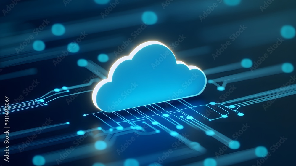 Poster digital cloud computing technology concept showing a glowing cloud icon on a circuit board backgroun