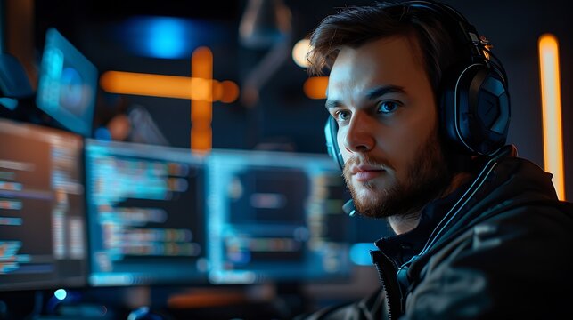 A diligent technical support representative, engaged in a video call, with computer equipment and coding screens visible in the background. Photographed in a high-tech environment, dynamic lighting,