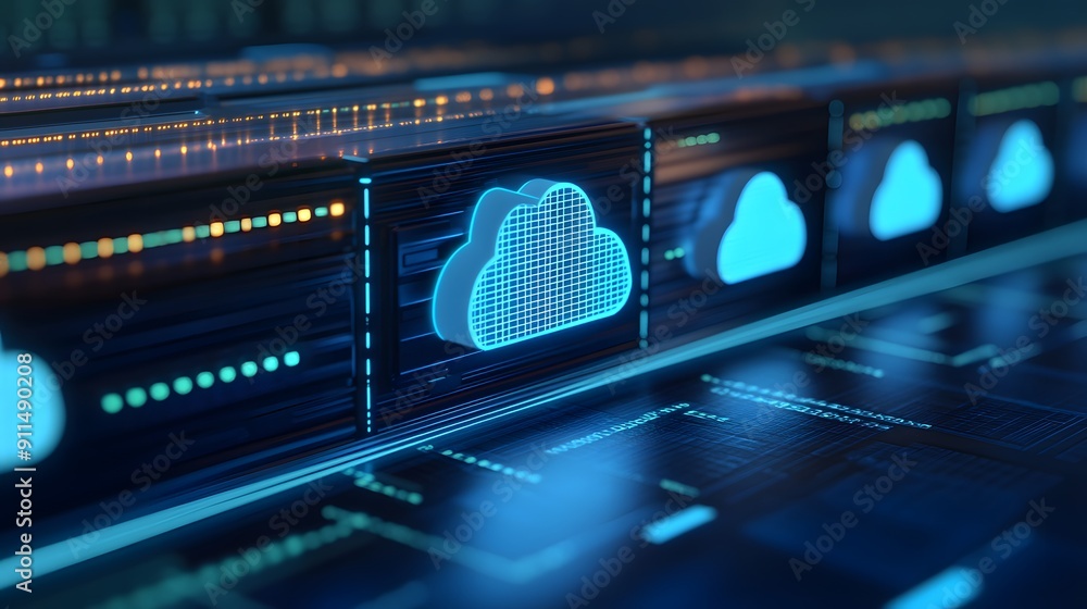 Poster digital cloud computing technology concept with futuristic data storage interface and cybersecurity 