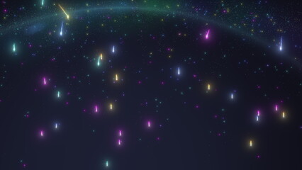 Comets and meteors of various colors set amidst a starry backdrop with flares.