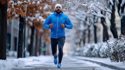 A man in winter gear runs down a snowy street, determined to stay fit.