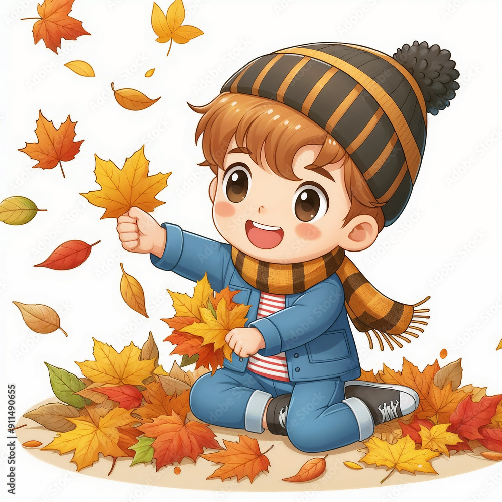 Wall mural Cute cartoon child with autumn leaves on white background. AI