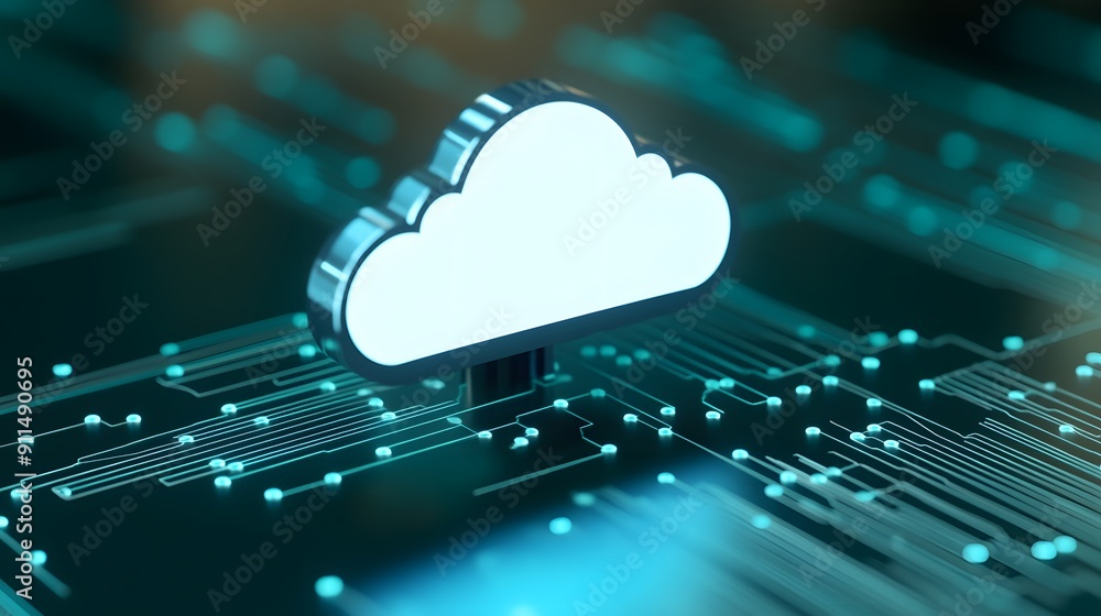 Poster digital cloud icon glowing in blue on a futuristic circuit board background, representing cloud comp