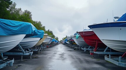 Speedboats on Stands in a Yacht Storage Facility on a Cloudy Day