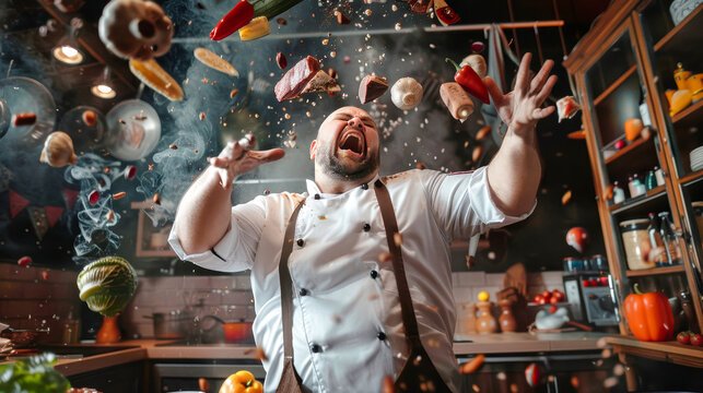 A jovial chef enthusiastically throws ingredients above his head, creating a dynamic atmosphere in a bustling tavern kitchen filled with laughter and excitement