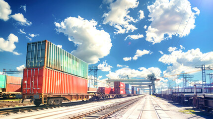 Fototapeta premium A freight train loaded with vibrant containers stands ready at the shipyard, capturing the essence of global logistics under a clear blue sky