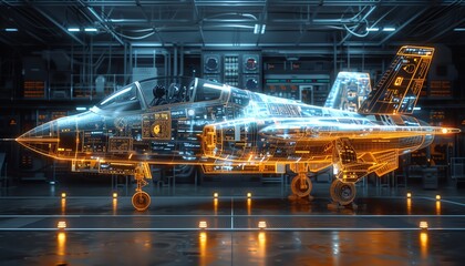 Digital blueprint of a fighter jet in a hightech facility