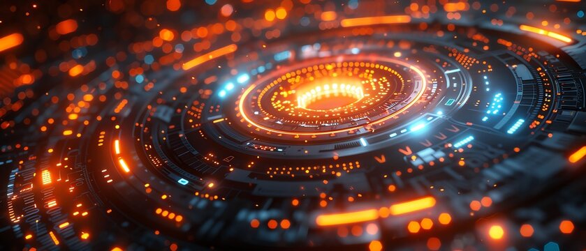 Digital interface with rotating elements, orange and blue lights, closeup