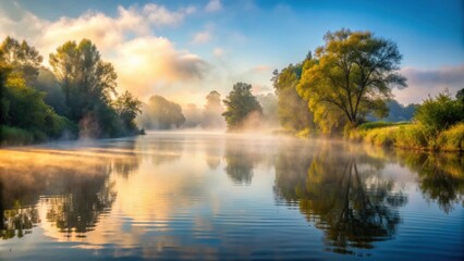 Misty morning on the river with fog hovering over the water, serene, tranquil, reflections, nature, sunrise, peaceful, mist, fog