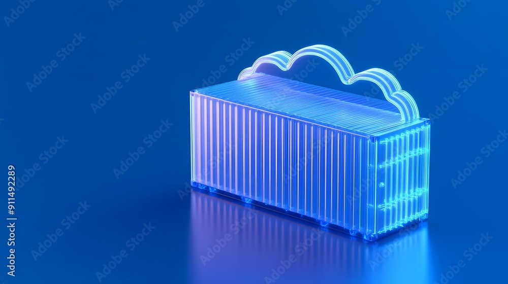 Poster digital cloud storage container concept with neon light effect on a blue background, representing mo
