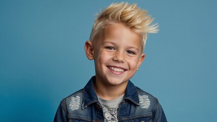 Portrait of a positive little blond boy on a plain background. Space for text. The child is smiling