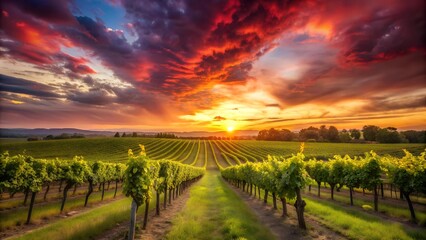 Naklejka premium Crimson Sunset Over Vineyard Rows AI generated