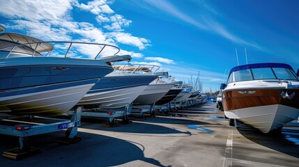 Fototapeta premium Boats on Trailers Arranged for Sale in a Boating Store Lot on a Sunny Day