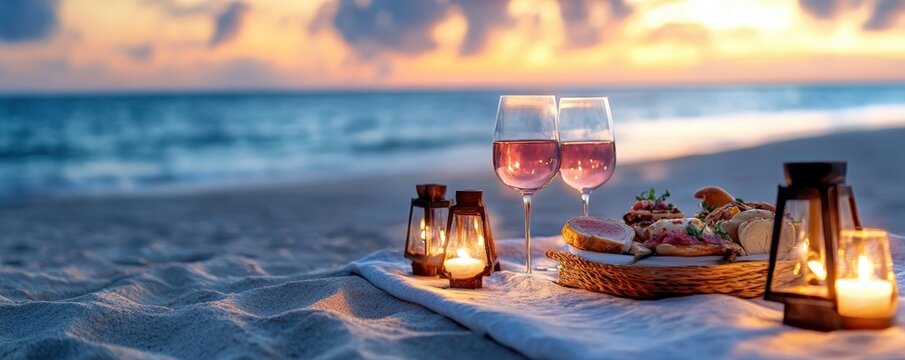 Romantic beach picnic with wine and snacks, illuminated by lanterns at sunset, creating a serene and cozy atmosphere.