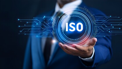 Guarantee of quality control of ISO standards. Businessman holds a shiny iso in his hand