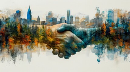Double exposure businessmen team ,partner handshake to work agreenment about real estate . 
 They wearing suite business uniform with blur cityscape , money and building background. ai generated 
