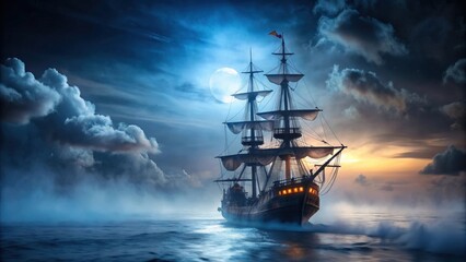 Obraz premium Glowing pirate ghost ship sailing through a foggy night ocean, ghostly, haunted, eerie, supernatural, cursed, mysterious