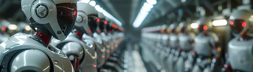 Robots in assembly line, futuristic factory, sharp focus, cool lighting, industrial setting
