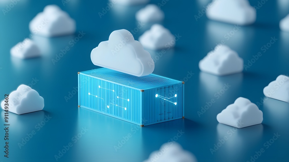 Aufkleber digital concept of cloud computing and data storage with 3d clouds and technology symbols on a blue 