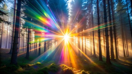 Fototapeta premium Prismatic Lens Flare in a Misty Forest AI Generated