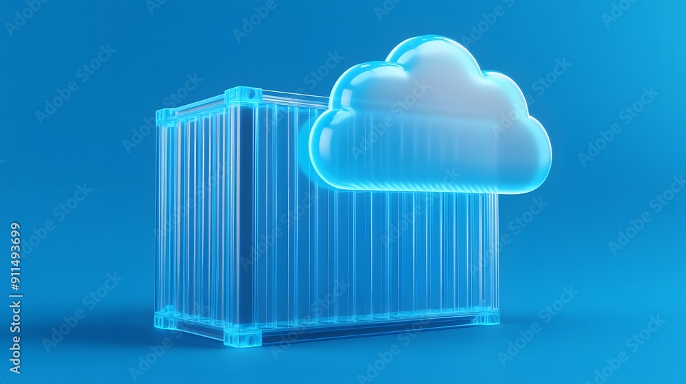 Poster digital container and cloud concept with blue futuristic design, illustrating modern data storage, c