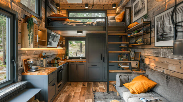 A tiny house interior with architectural design and stairs are going to the floor beding. Generative AI
