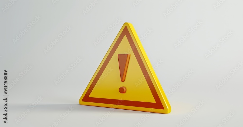 Poster 3d render of simple triangle yellow warning sign with exclamation mark on white background