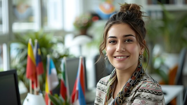 A friendly customer service agent, engaged in multilingual support with flags on their desk, in a bright, airy office. The background includes large windows and plants,