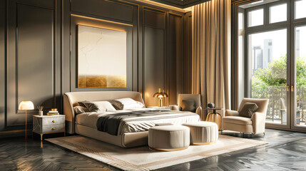 Fototapeta premium A serene bedroom features a luxurious bed with plush bedding.Generative AI