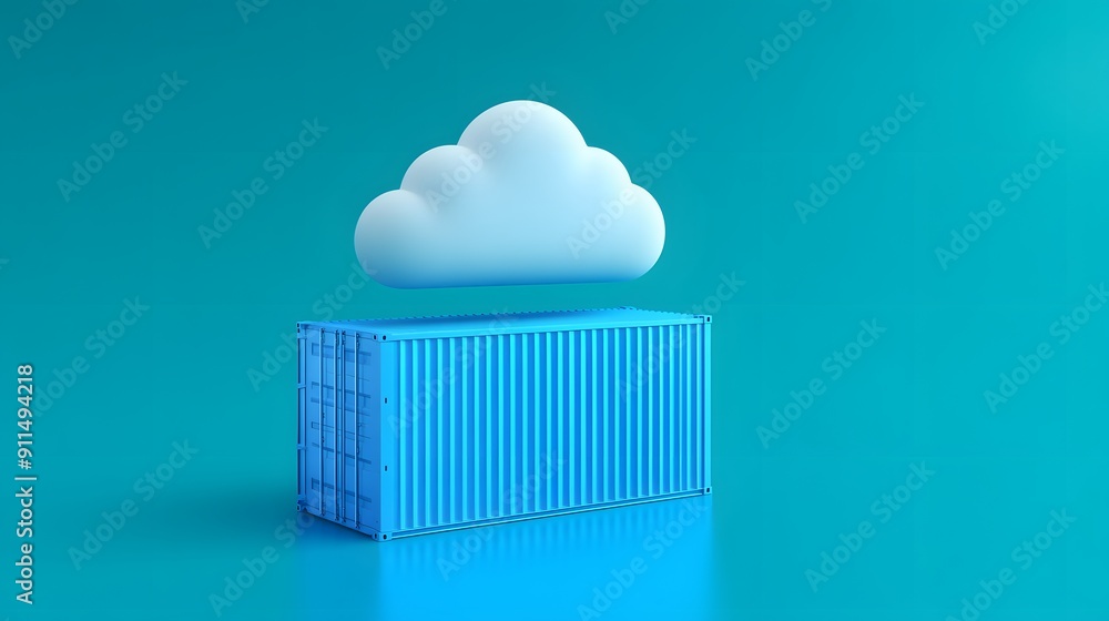 Poster digital illustration of a cloud floating above a shipping container, symbolizing cloud computing and
