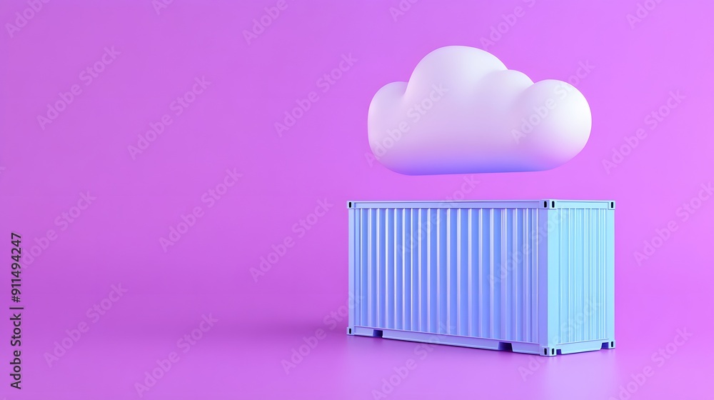 Poster digital illustration of a cloud hovering above a blue container against a pink background, symbolizi