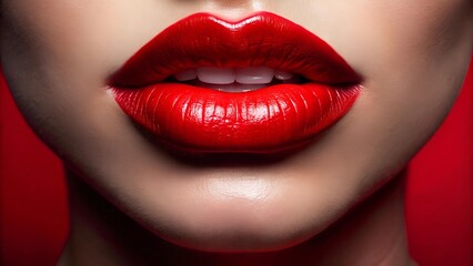 Crimson Embrace: A Close-up of Vivid Red Lips Against a Bold Red Background  AI Generated