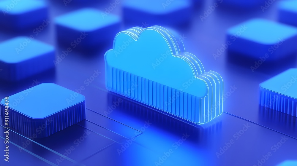 Poster digital illustration of a glowing cloud icon amidst data server icons, symbolizing cloud computing s