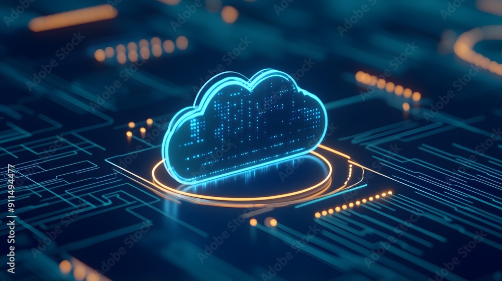 Poster digital illustration of a glowing cloud icon on a futuristic circuit board, representing cloud compu