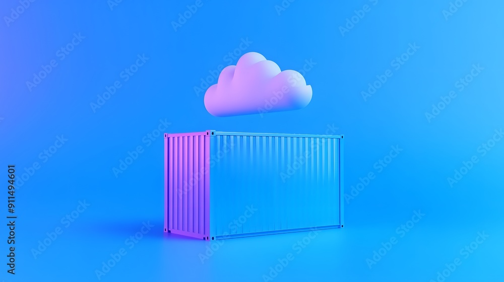 Poster digital illustration of a pink and blue shipping container with a cloud above, representing cloud co
