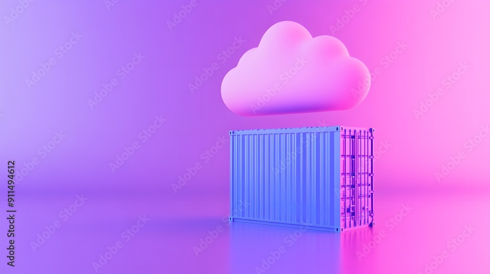 Poster digital illustration of cloud computing and containerization concept on colorful gradient background
