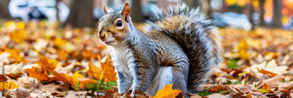 Poster a small squirrel sits on the ground. surrounded by drifting golden autumn leaves in front of an anci