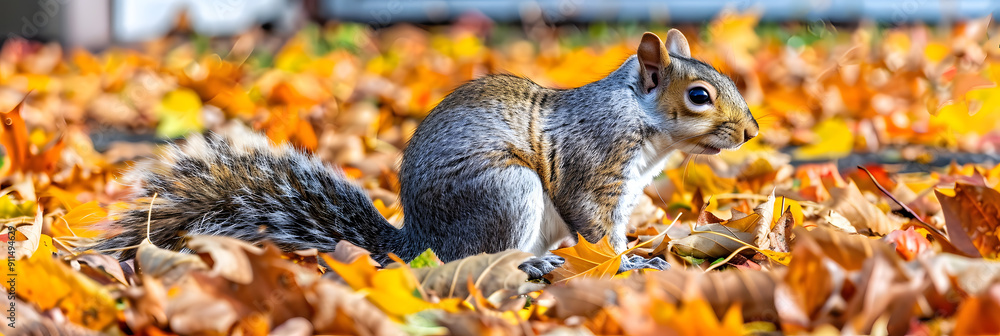 Poster a small squirrel sits on the ground. surrounded by drifting golden autumn leaves in front of an anci