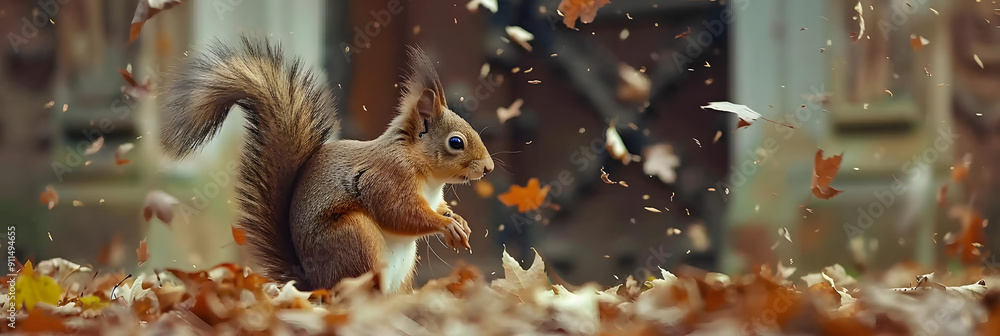Poster a small squirrel sits on the ground. surrounded by drifting golden autumn leaves in front of an anci