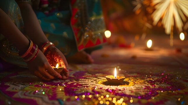A vibrant festival of lights during Deepavali, families lighting diyas outside their homes, intricate rangoli patterns on the ground.
