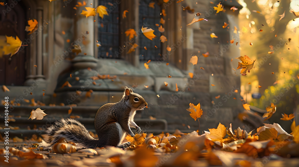 Poster a small squirrel sits on the ground. surrounded by drifting golden autumn leaves in front of an anci