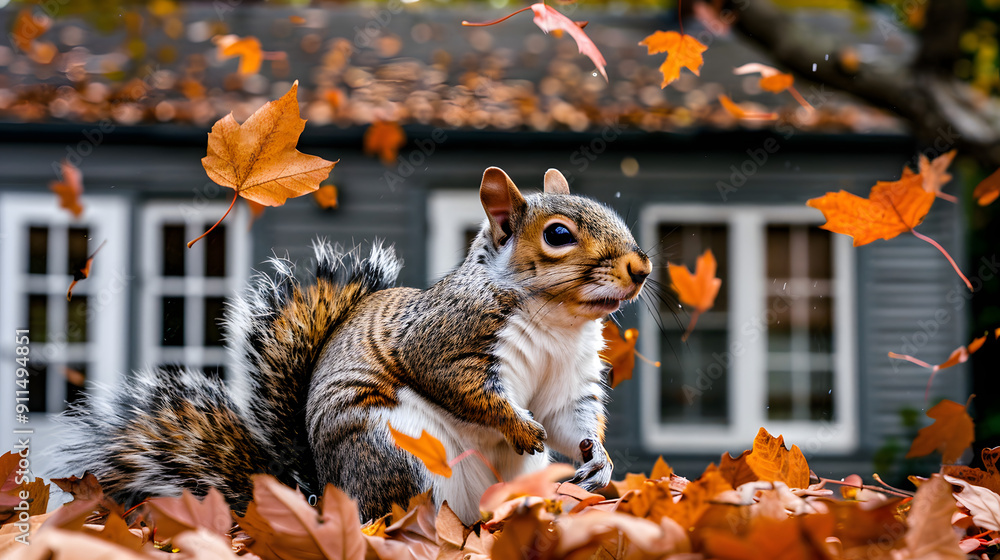 Poster a small squirrel sits on the ground. surrounded by drifting golden autumn leaves in front of an anci