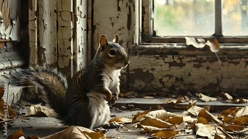 Poster a small squirrel sits on the ground. surrounded by drifting golden autumn leaves in front of an anci
