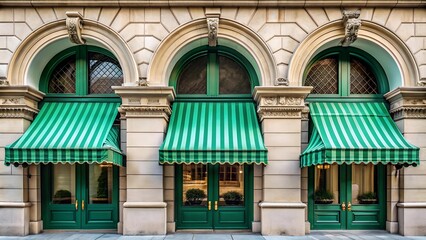 A Symphony of Verdant Arches: A Classic Facade Adorned with Graceful Green Awnings  AI Generated